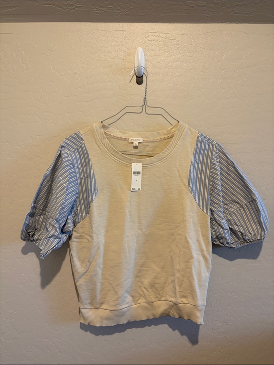 Pilcro Tops - Pilcro Cream Sweatshirt with Blue Striped Puff Sleeves
